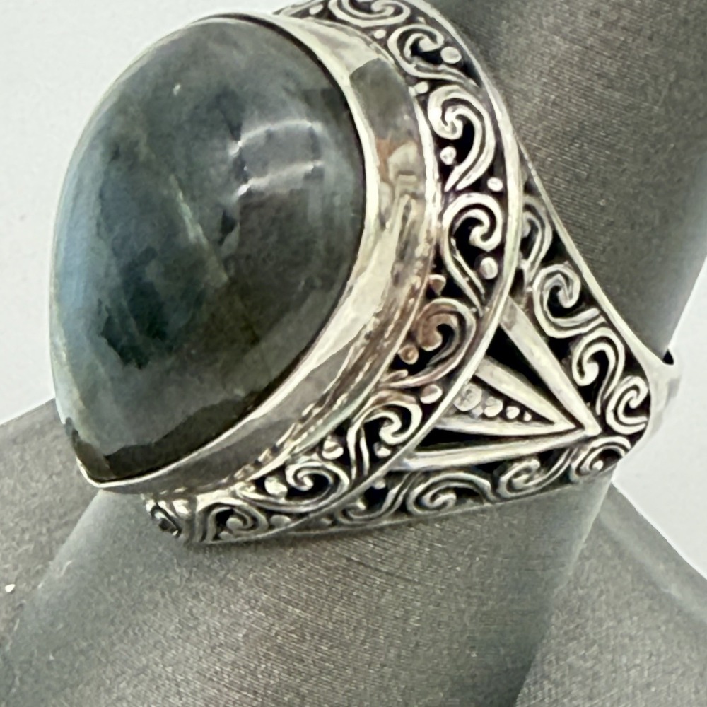 Vintage Sterling Silver 925 Natural Labradorite Statement Ring Size 8 Bali Style